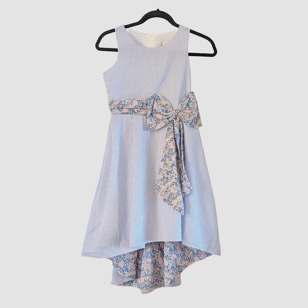 NEW Rare Editions Girls 12 Blue Seersucker High Low Dress Floral Bow